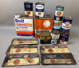 17 Vintage Gulf Motor Oil Gas Station Cans Grease