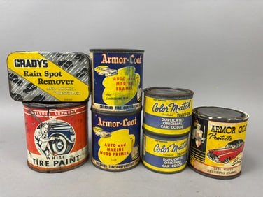 7 40s Era Automotive Car Boat Tire Paint Cans Label