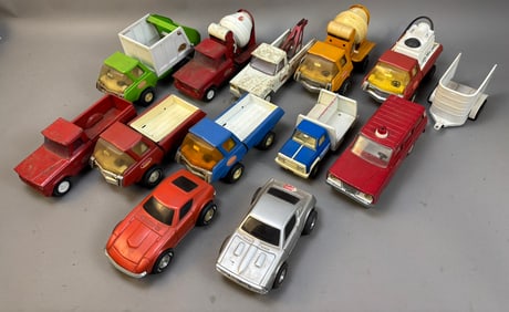 13 70s Tonka Pressed Steel Toy Trucks Fire Tow Cement