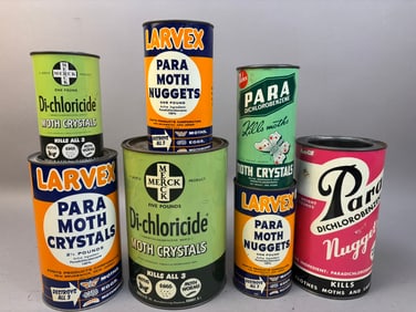 7 Vintage Moth Larvex Merck Crystal Nugget Tin Can