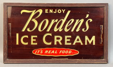 Bordens Ice Cream Reverse Painted Glass Store Sign