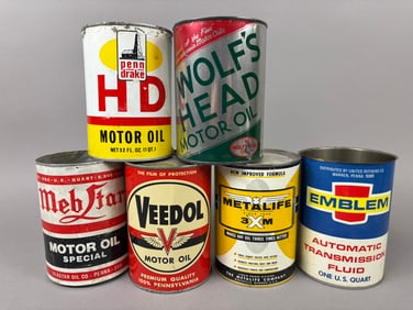 6 Veedol Metalife Penn Drake Wolfs Head Oil Cans