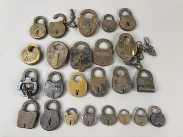 24 Antique Brass Railroad Security Pad Locks Keys