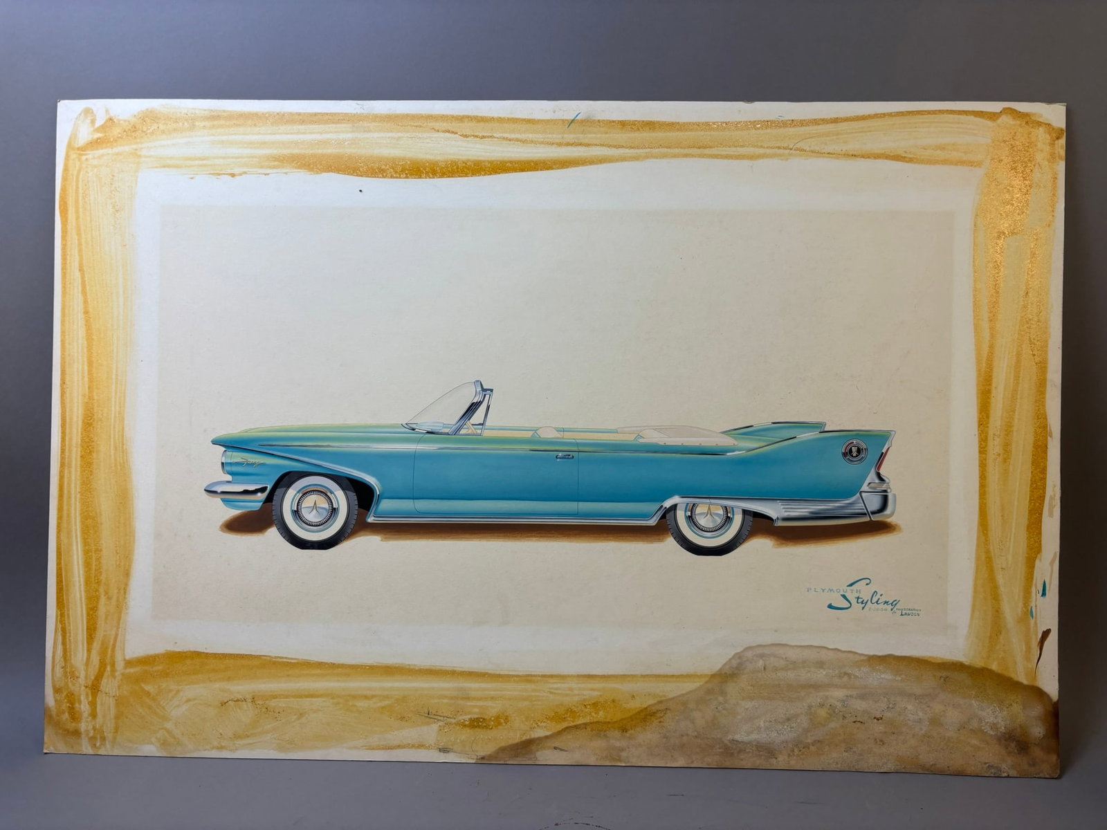 50s Era Plymouth Fury Lawson R&D Design Art Sketch: This lot features signed 1956 Plymouth Fury r&d sketch signed by Florence Lawson, first female to design cars for Chrysler Corportaion. Overall measurements are 35"x23".