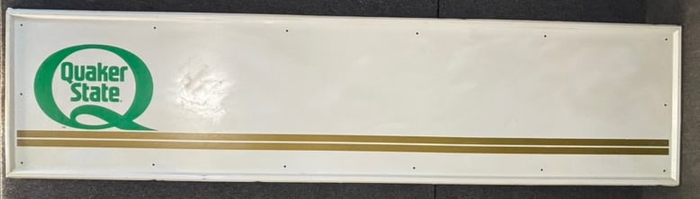 8' SST Quaker State Motor Oil Advertising Sign: This lot features a large nearly 8' Quaker State Motor Oil advertising sign, this one was found in a bulk plant in Indiana. Overall measurements are 95"x23.5". Please review pictures for best descript