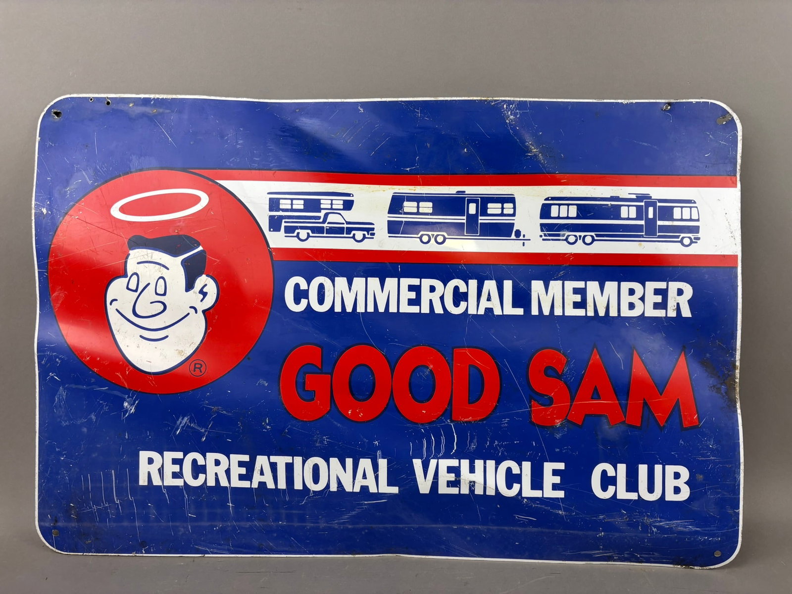 Good Sam 1950s Double Sided Painted Metal Sign: This lot features an iconic GOOD SAM commercial member vehicle club dst sign. 30" x 20"
