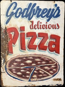Godfrey's Delicious Pizza Hand Painted DST Metal Sign