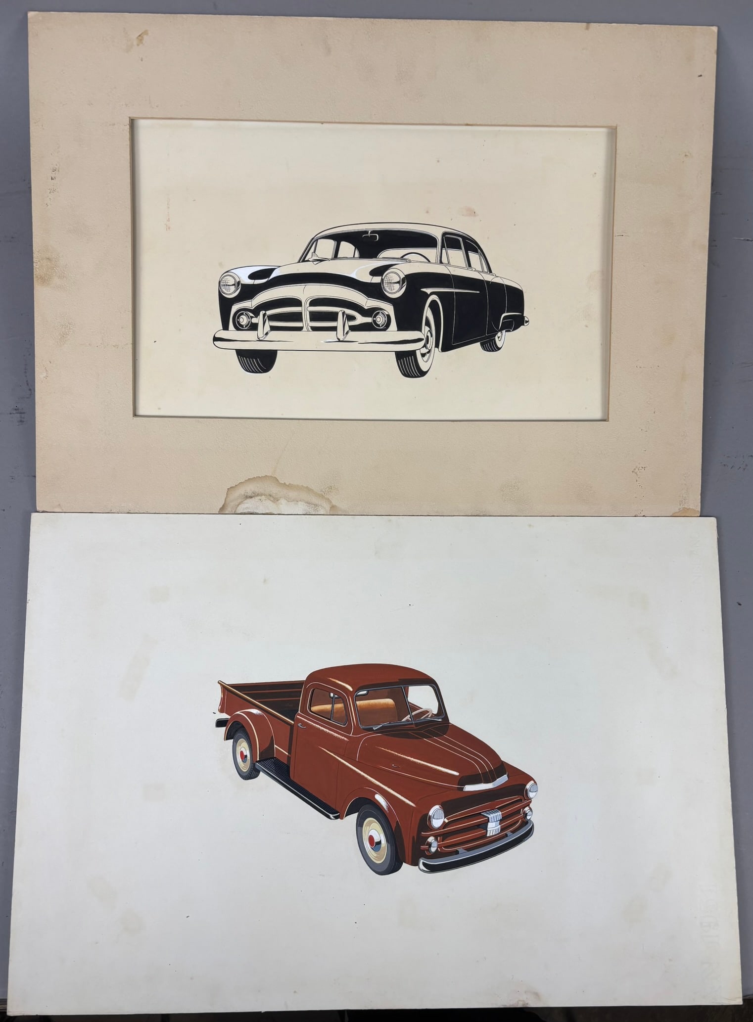 2 50s Era Ford Design R&D Art Drawings: This lot features 2 vintage 50s era design sketches. Believed to be Ford or Chrysler. Please review all pictures for best description.