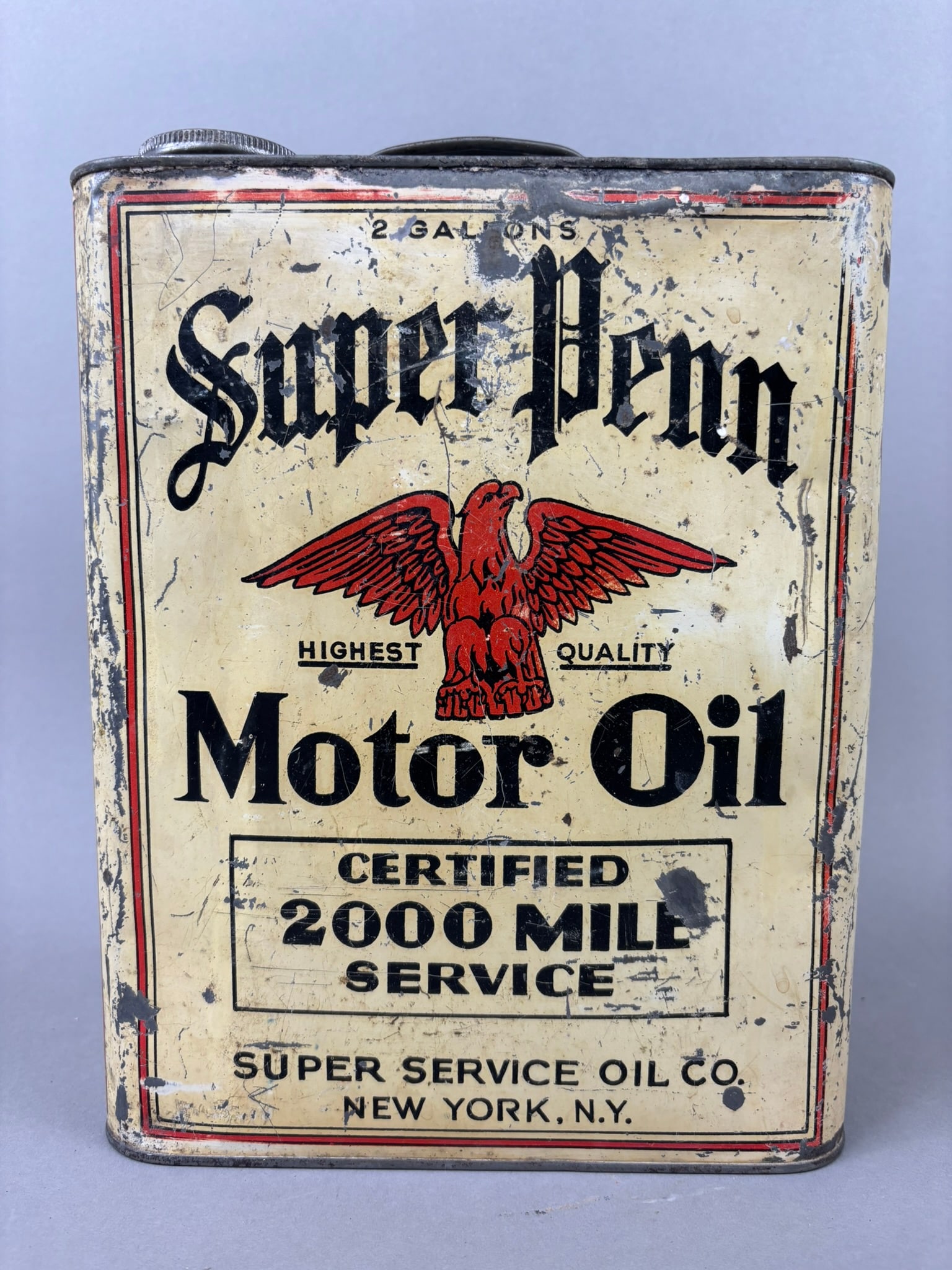 Early Super Penn Service Motor Oil 2 Gallon Can: This lot features a Super Penn Motor Oil 2 Gallon can, hard to find version. Please review all pictures for best description.