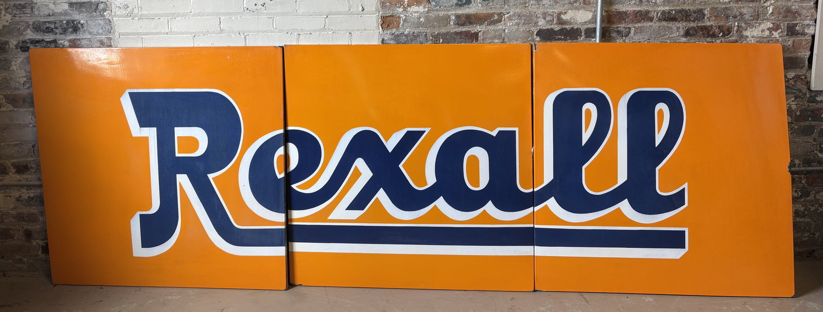 3 Piece SSP Rexall Porcelain Advertising Sign: Great original color and gloss; light enamel chips & wear. Each panel measures 40" x 40" - overall 10' wide.