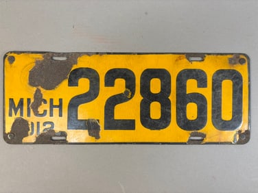 Original 1912 Michigan Porcelain License Plate