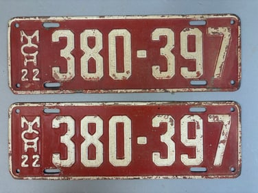 Original 1922 Michigan Pair License Plates