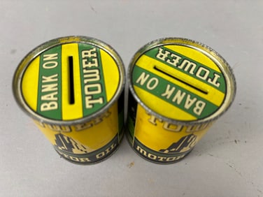 2 Tower Motor Oil Can Advertising Coin Banks