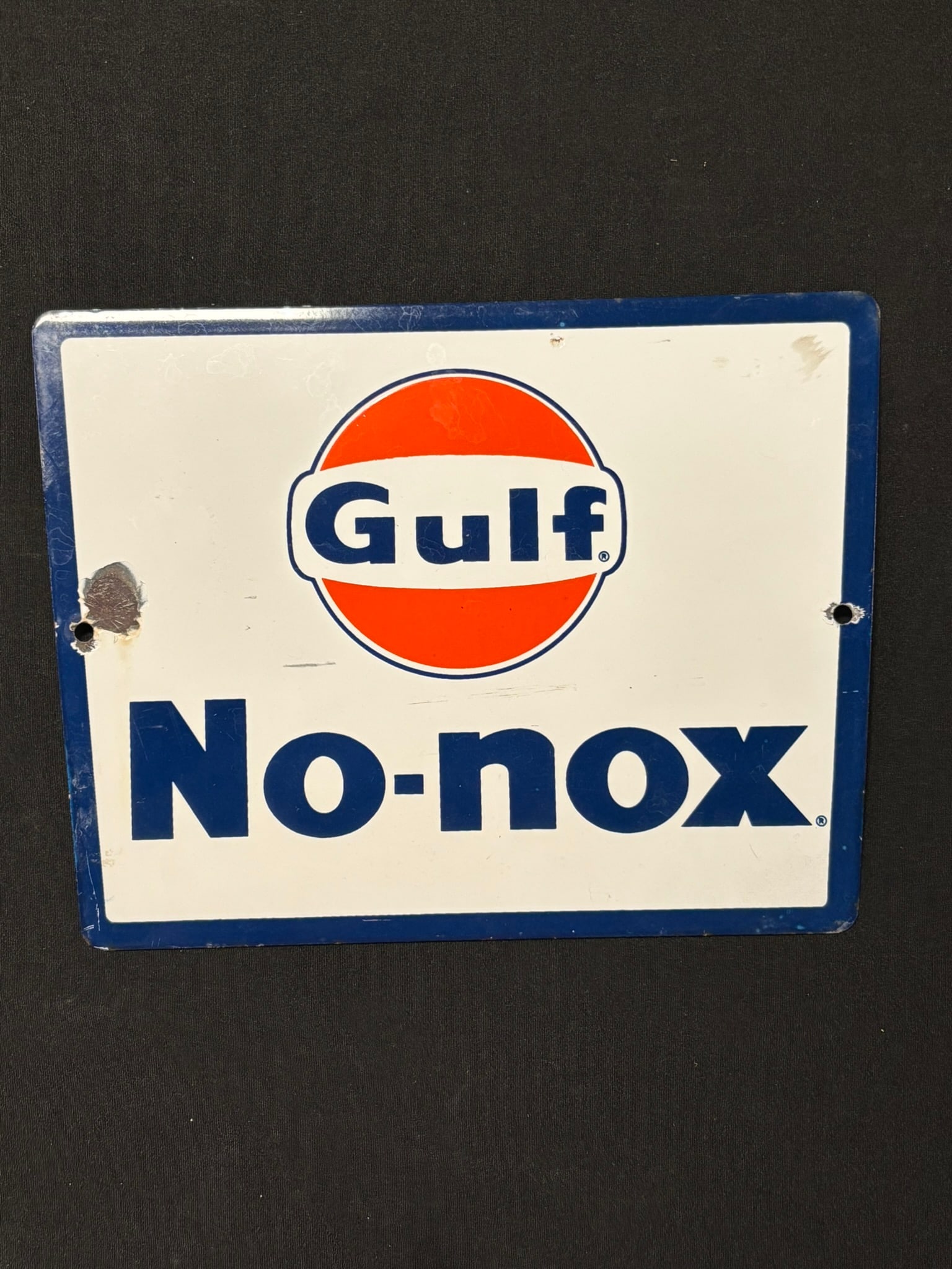 Gulf No Nox Gas Pump Plate Motor Oil SSP Sign: This lot features an original single sided porcelain gas pump plate for Gulf No Nox Gasoline. Has edge wear and chips, please review all pictures for best description and measurements.