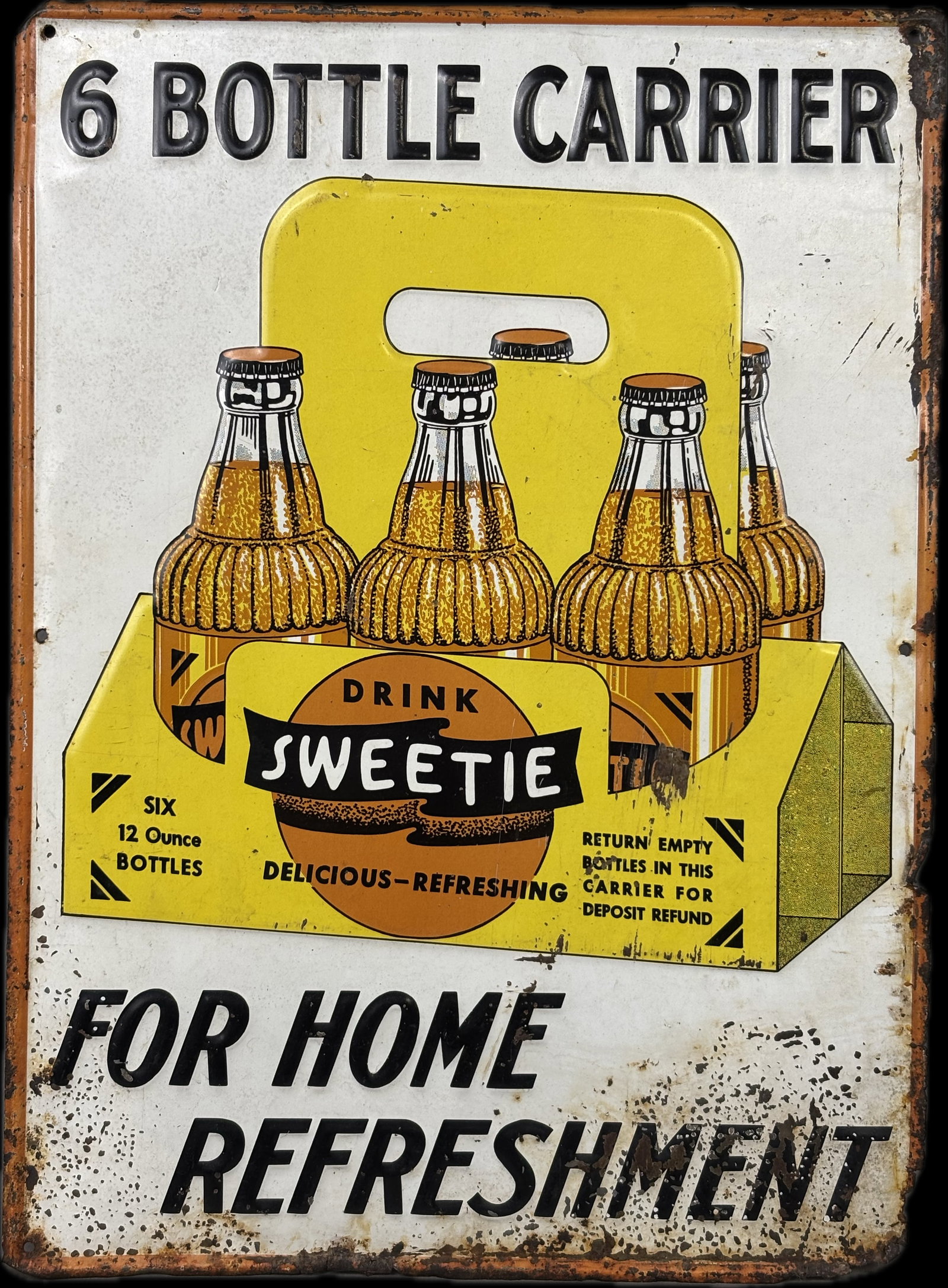 Sweetie 6 Bottle Carrier Soda Advertising SST Sign: This lot features a vintage single sided painted metal embossed advertising sign for Sweetie Beverages, featuring a 6 Bottle Carrier. Severe edge wear, rust and loss or lower right corner. Please revi