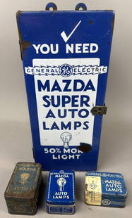 Mazda Super Auto Lamp Bulb Porcelain Store Cabinet: This lot features a porcelain General Electric Mazda Super Auto Lamps store cabinet. Has some chipping to edges, and some partial contents. Please review all pictures for best description. Overall mea