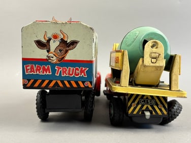 2 ALPS Battery OP Farm Truck Cement Mixer Tin Toys