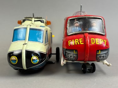 2 TPS Japan Tin Battery OP Fire Police Helicopter Toys