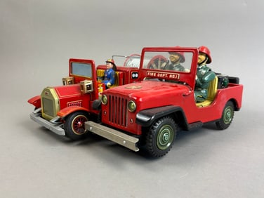 2 Nomura Japan Tin Battery OP Fire Truck Jeep Toy