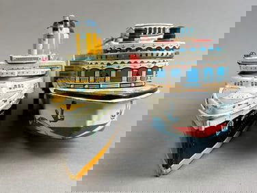 2 Yonezawa Tin Battery OP Steamboat Cruise Ship Toy