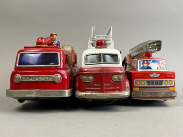 3 Japanese Tin Battery OP Fire Truck Toys Chemical
