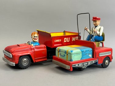 2 Linemar Japanese Tin Battery OP Dump Truck Toy