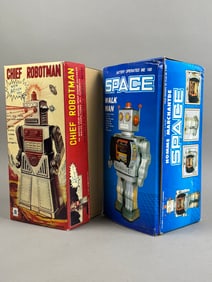 2 Space Robot Tin Battery OP Walk Man Chief Robotman