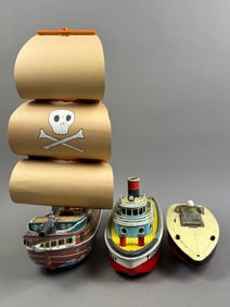 3 Japan Tin Pirate Ship Tugboat Speed Boat Battery