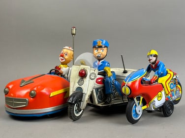 3 Vintage Japan Tin Battery OP Police Bumper Car