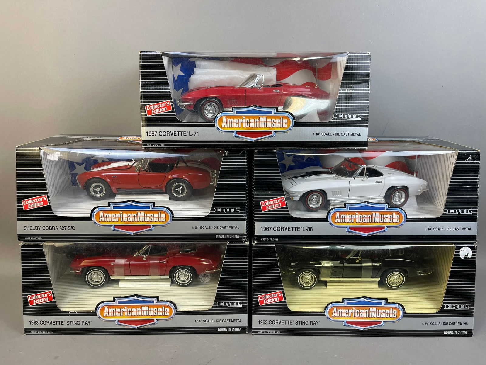 5 NOS Ertl American Muscle Die Cast Corvette Cobra : This lot features 5 NOS Ertl American Muscle Die Cast cars. Several Corvette Models, and 1 AC Cobra 427. All toys are in original boxes. Please review all pictures for best description.