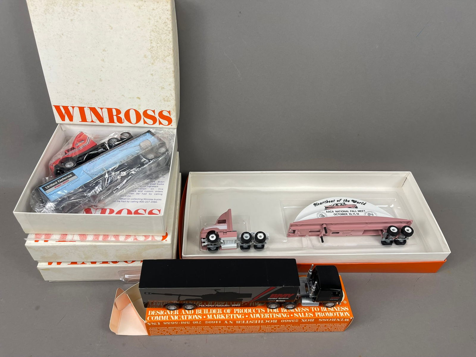 5 NOS Winross Semi Truck Trailer Die Cast Toys: This lot features 5 NOS Wincross Semi Truck Die Cast Toys. All are in original packaging and unplayed with. Please review all pictures for best description.