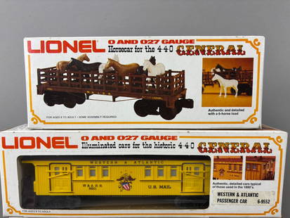 4 NOS Lionel 440 General Engine Atl Western Train Set: This lot features 4 NOS Lionel train toys all in original packaging. 1-Lionel 440 The General Engine, 2-W&A Baggage Car 6-9551, 3-W&A Pass Car 6-9552, 4- Horsecar for General. Please review all pictur