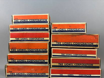 11 NOS Postwar Lionel Train Car Accessories Box: This lot features 11 postwar Lionel train car and various accessories boxes, all boxes are EMPTY. Please review all pictures for best description.