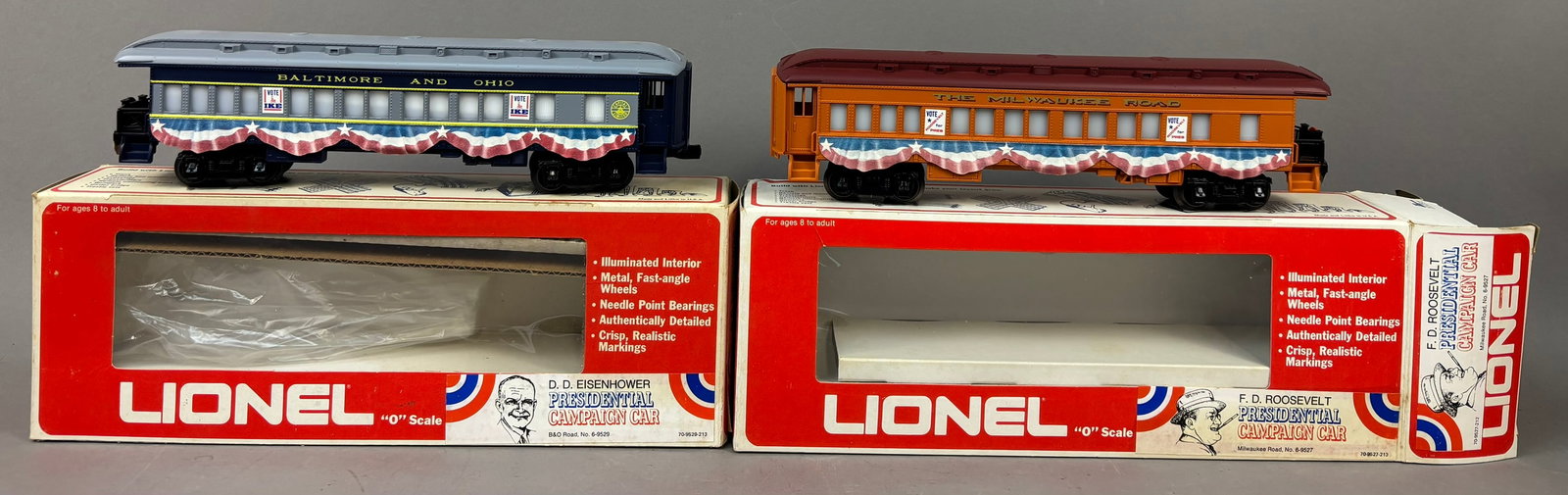2 NOS Lionel Presidential Campaign Car FDR w/Box: This lot features a NOS Lionel FDR Presidential Campaign Car in original packaging and also included is a box for the Eisenhower Presidential train car, box only. Please review all pictures for best d