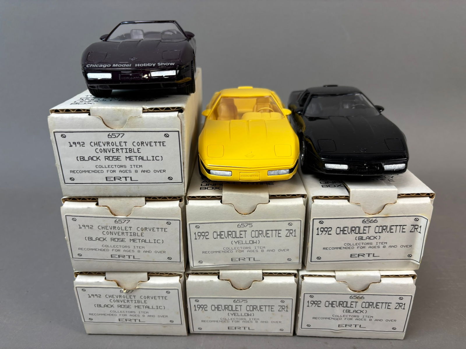 7 NOS Ertl 92 Chev Corvette ZR1 Conv Promo Cars: This lot features 7 NOS Ertl dealer promo cars, all featuring 1992 Chevrolet Corvette models. All toys are in original packaging and in excellent condition. Please review all pictures for details on s