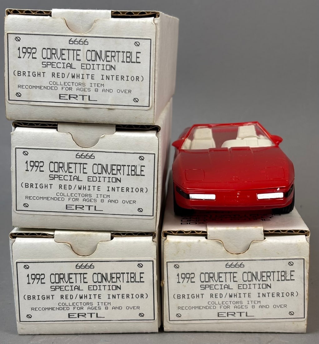 4 NOS Ertl 92 Chev Corvette Spec Edition Promo Car: This lot features 4 NOS Ertl dealer promo cars, all featuring 1992 Chevrolet Corvette Special Edition models. All toys are in original packaging and in excellent condition.