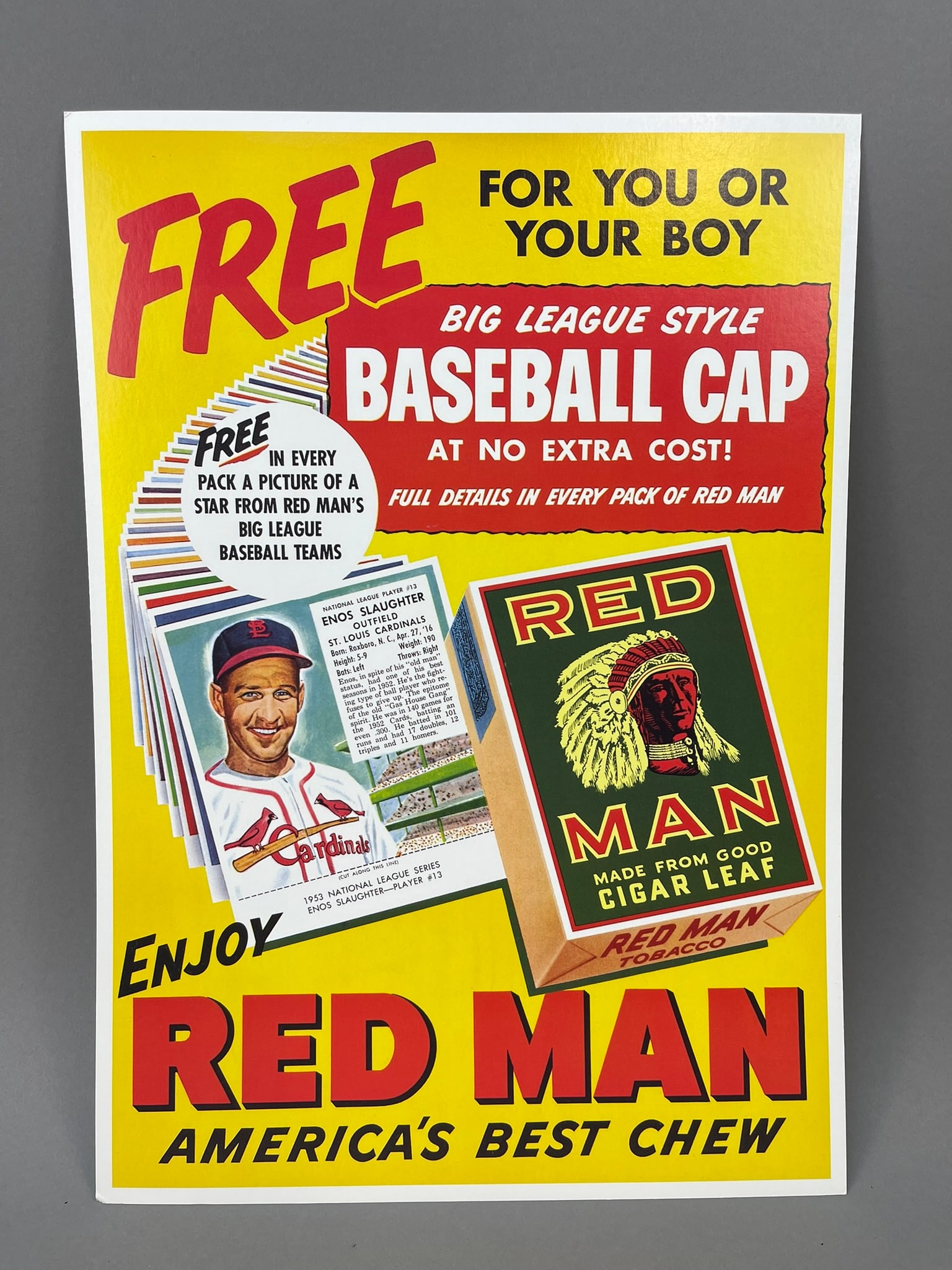 NOS 1953 Red Man Chewing Tobacco Advertising Baseball Card Sign (1 of 6)