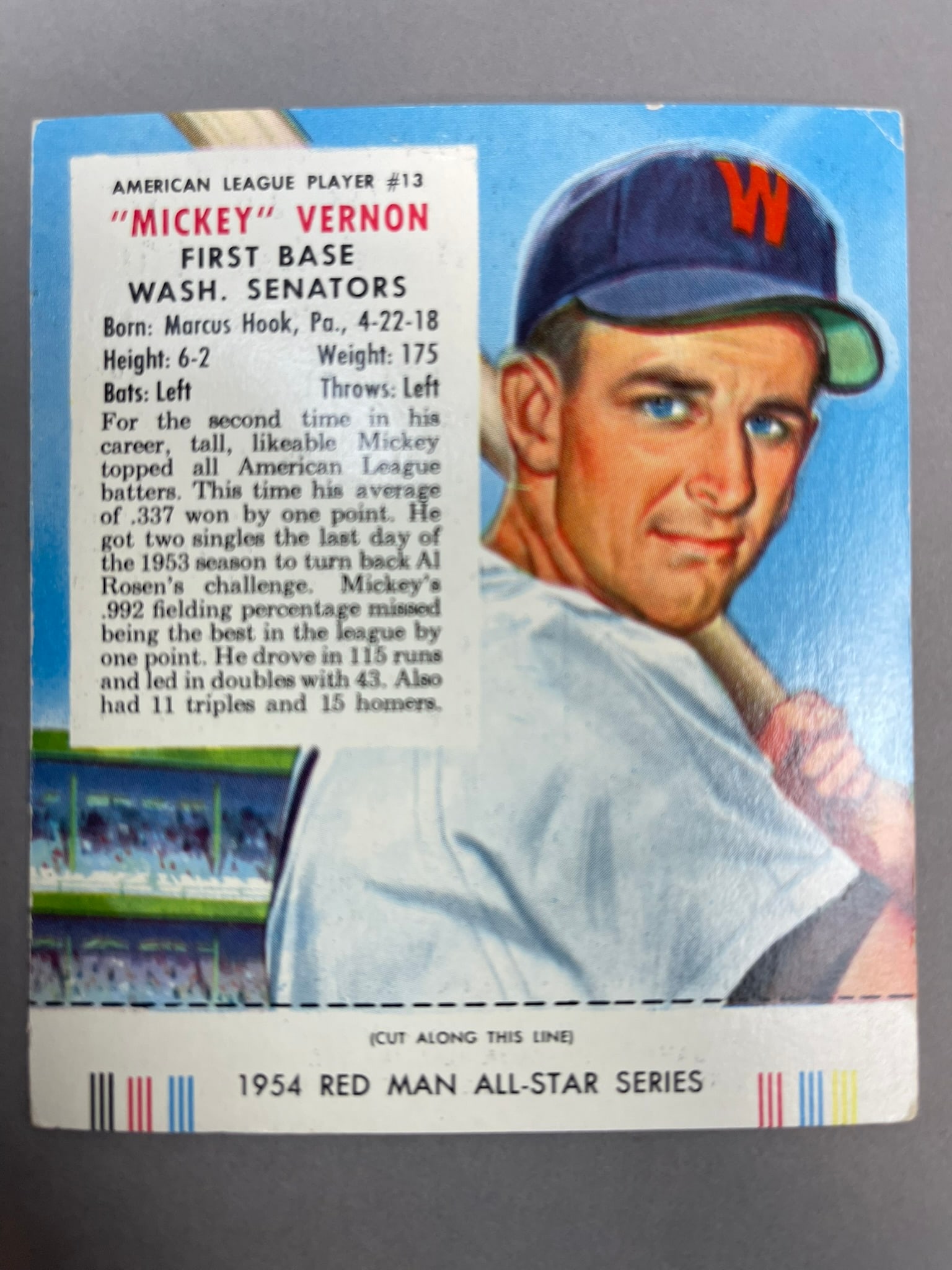 1954 Red Man Tobacco Mickey Vernon Baseball Card Player #13 Senators (1 of 2)