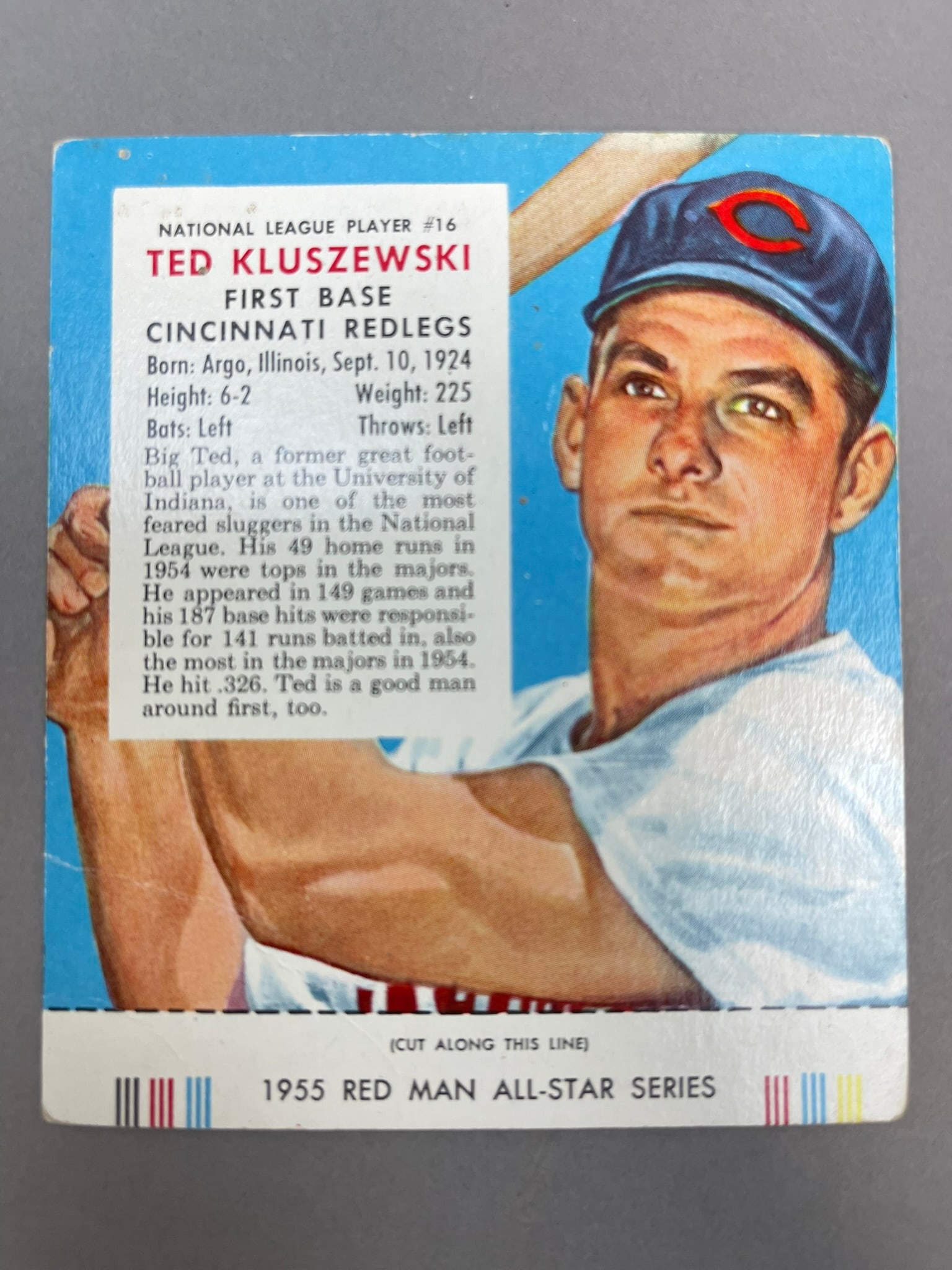 1955 Red Man Tobacco Ted Kluszewski Baseball Card Player #16 Reds Redlegs (1 of 2)
