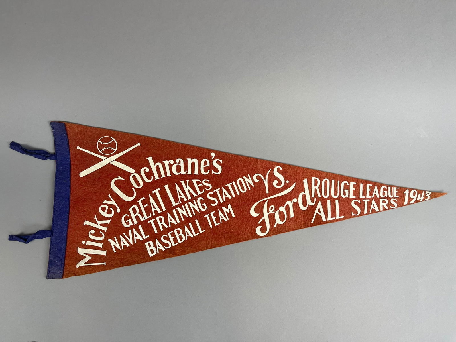 WWII 1943 Mickey Cochrane's Great lakes Naval Baseball Team Pennant (1 of 5)