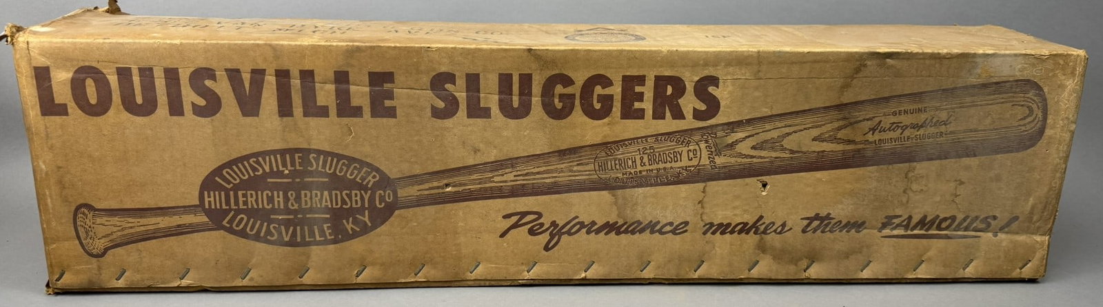 Louisville Slugger Hillerich & Bradsby 125 50s Cardboard Shipping Box: A scarcity to find due to these always being thrown away. Overall good condition showing light wear from storage. 34" x 8" x 6"