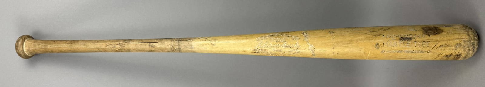 Mickey Mantle Adirondack 1968-1972 Game Used Team Index Baseball Bat: Pro order & game used team index bat , 34" length. Handle is uncracked. Model 288L. Bat shows trmendous use with many ball marks, pine tar and bat rack streaks. No use can be attributed to Mantle but