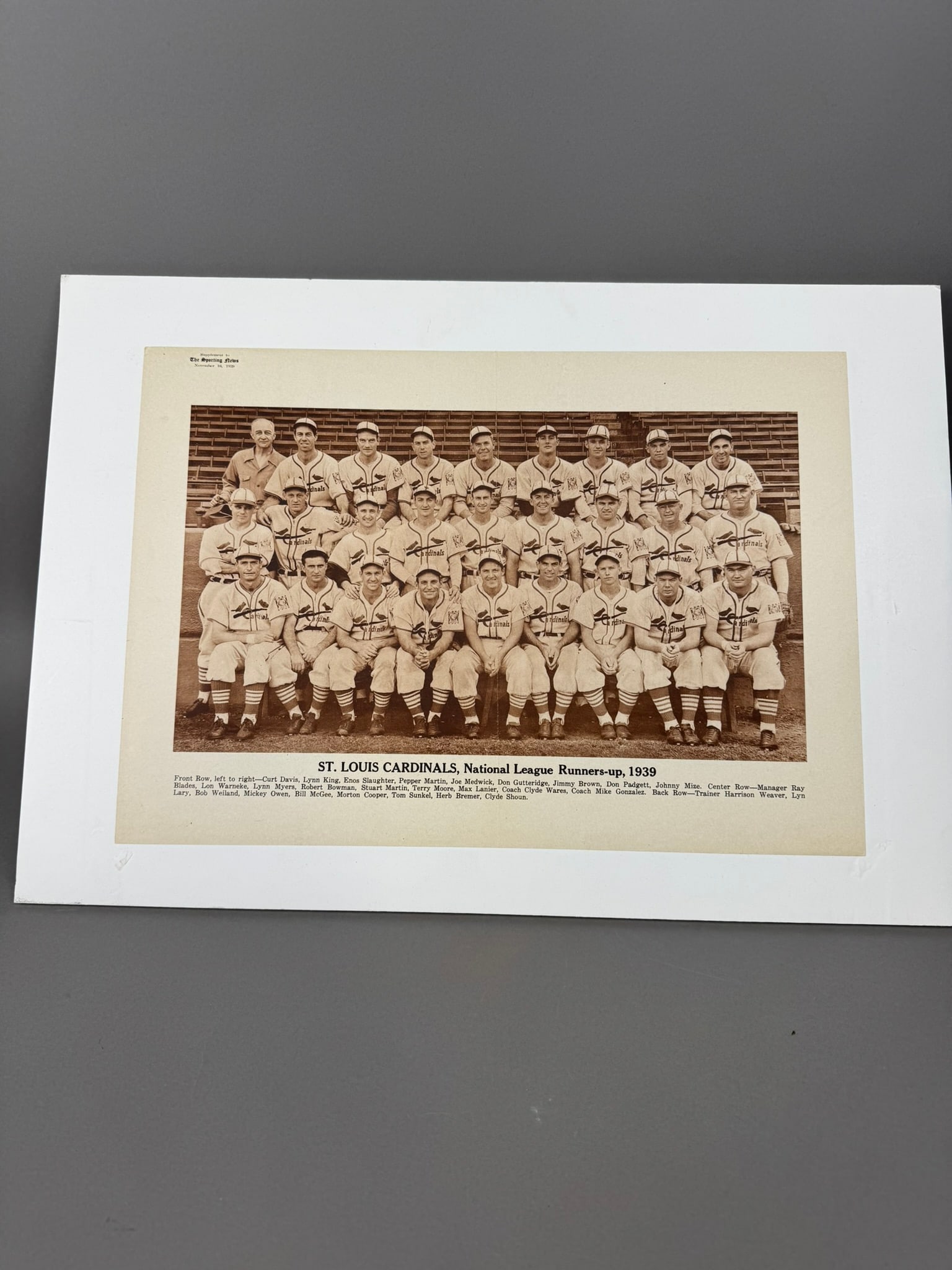 St. Louis Cardinals 1939 National League Runners-Up Team Photo The Sporting News Premium Supplement: Vintage Sporting News Supplement team photo in excellent condition. Photo paper is dry mounted to foam core board . Measures in total 19" x 13.5"