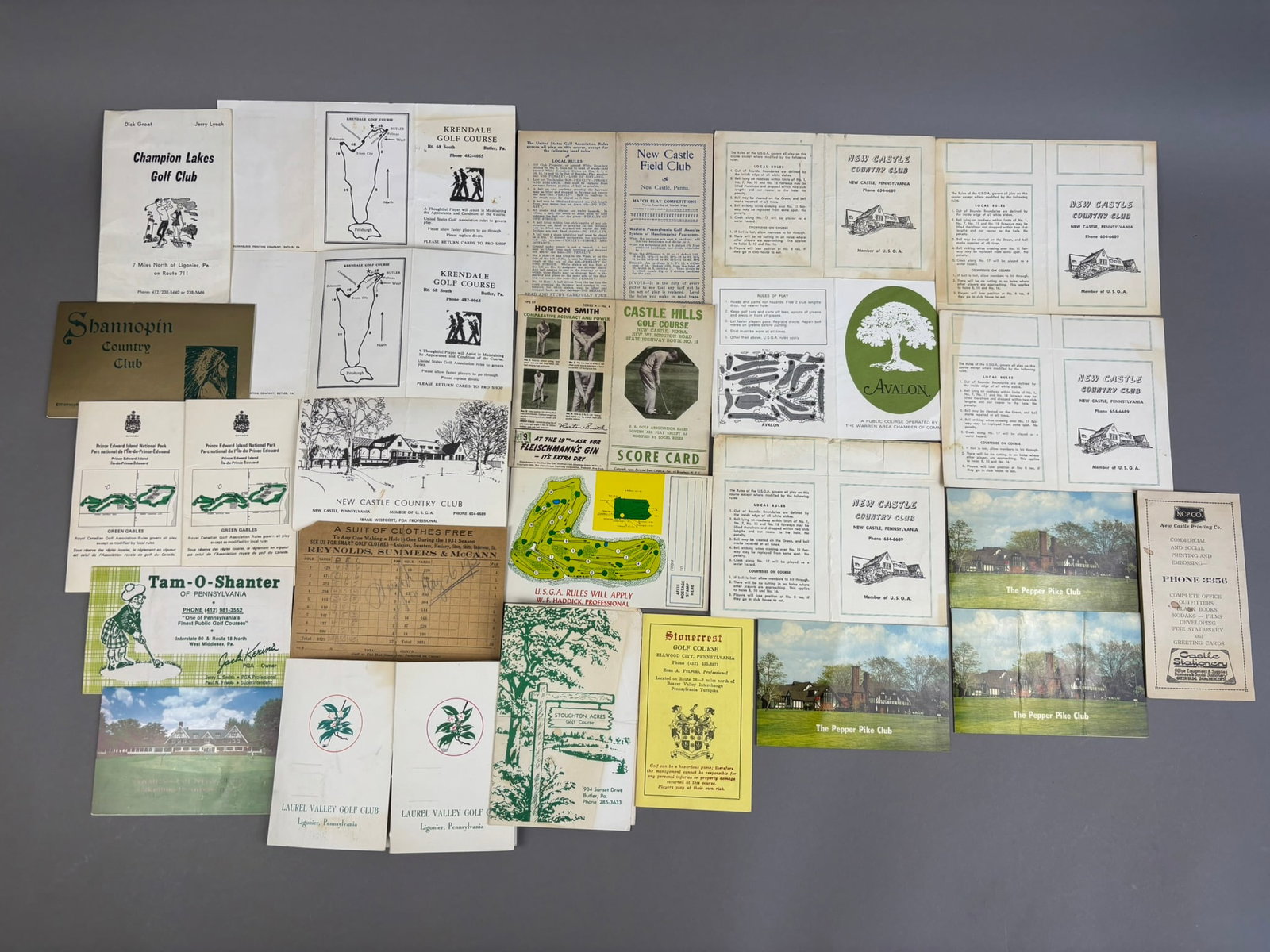 Lot of 20+ Vintage Golf Club & Country Club Scorecards: Nice lot of various scorecards, some scored and some blank. A few course to mention are Stonecrest, New Castle, Castle Hills, Avalon, Laurel Valley, The Piper Pike. See all photos for condition.