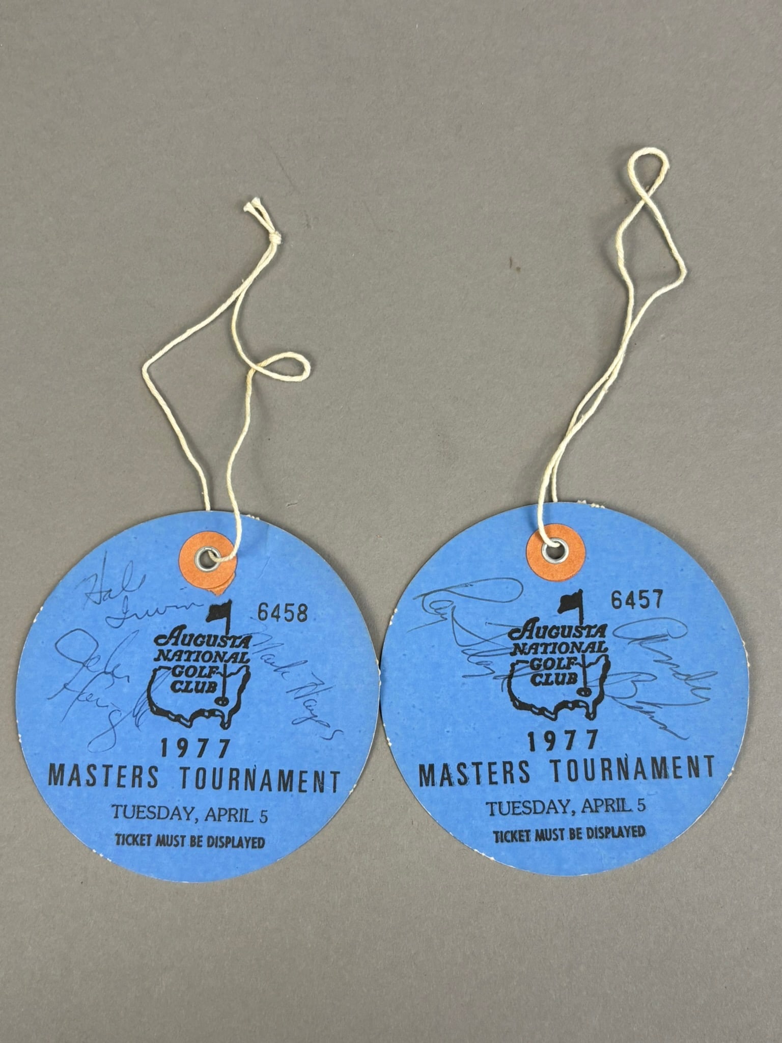 Lot of 2 1977 Masters Tournament of Golf Autographed Hanging Ticket Stubs Hal Irwin & Mark Hayes (1 of 10)