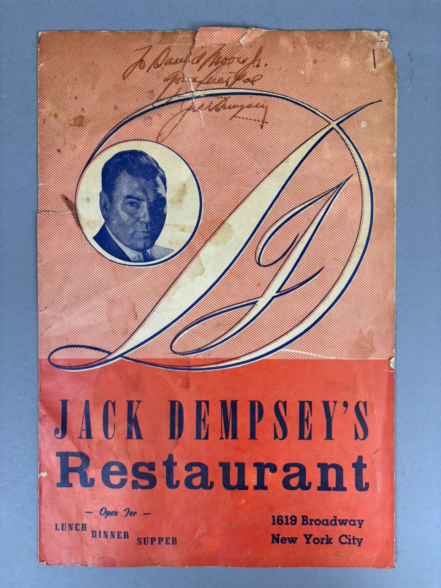Vintage 1950s Pro Boxer Jack Dempsey's Restaurant Autographed Service Menu (1 of 16)