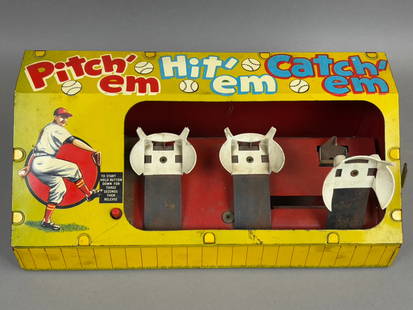 1950s Marx Toys Pitch'em Hit'em Catch'em Tin Litho Action Baseball Game: Vintage Marx Toys Baseball game in good condition and may show some wear from age and use. Item was not tested but far right ball holder doesn't sit back in body and will not work. See all photos for