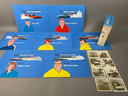1967 World Championship Boat Racing Cardboard Signs and Photos & Photo Slides Lot: Unique lot with Driver photo and boat cardboard signs lot of 7. Some original photos with a carousel of Photo sildes.