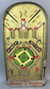 1930s Art Deco Era Pinch Hitter Key Wind Table Top Pinball Baseball Game: Measures 12.25" x 24" x 3.5" - great looking game for its age. No Key.