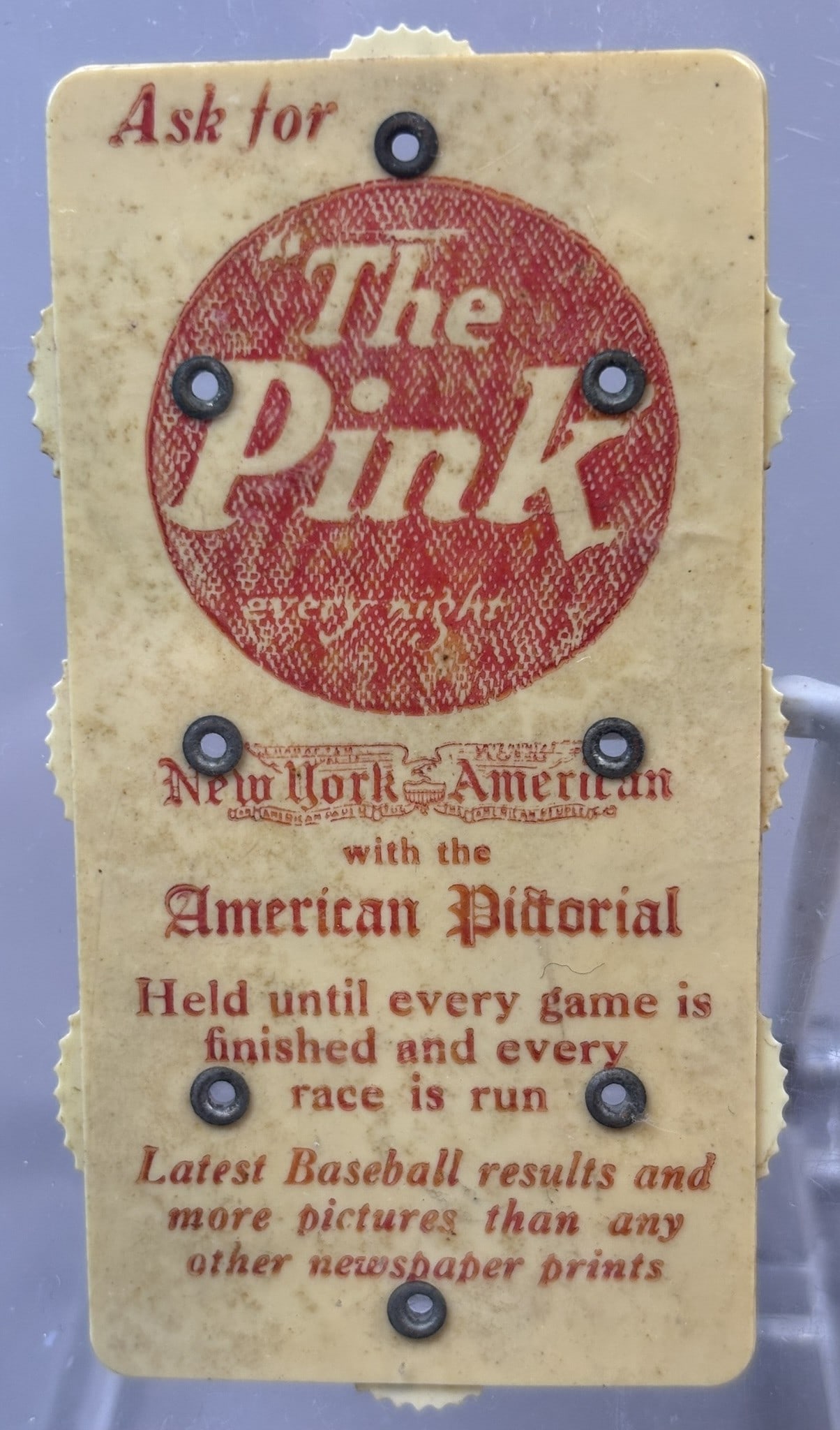New York American Pictorial Babe Ruth Celluloid Baseball Scorer "The Pink" (1 of 4)
